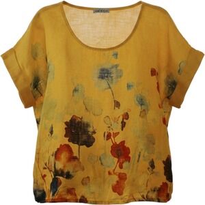 Colette 100% Linen Floral Top OS Yellow Watercolor Blouse Short Sleeve Lagenlook